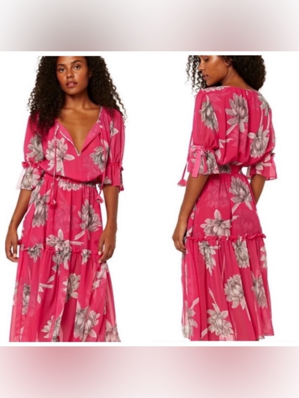 misa dariya pink floral print sheer midi dress tassels